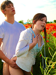 Romantic girl and her boyfriend fucking on the flower field