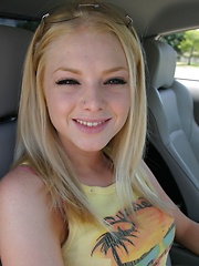 Blonde teen Skye Model shows off her tight teen body by her friends car