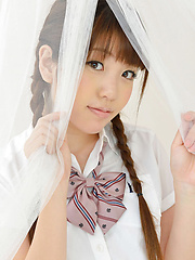 Mizuho Shiraishi Asian with pigtails and uniform sits with ass up